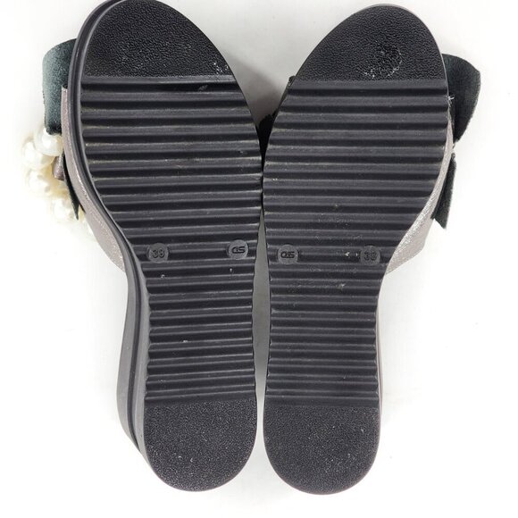 NORKA Silver Leather Ruffle Platform Wedge Slide Sandals With Pearls - Picture 9 of 9